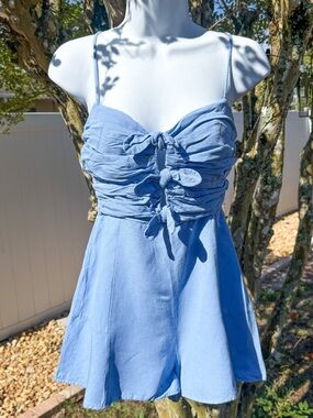 Zara Blue Linen Blend Ruched Tie Front Mini Dress M